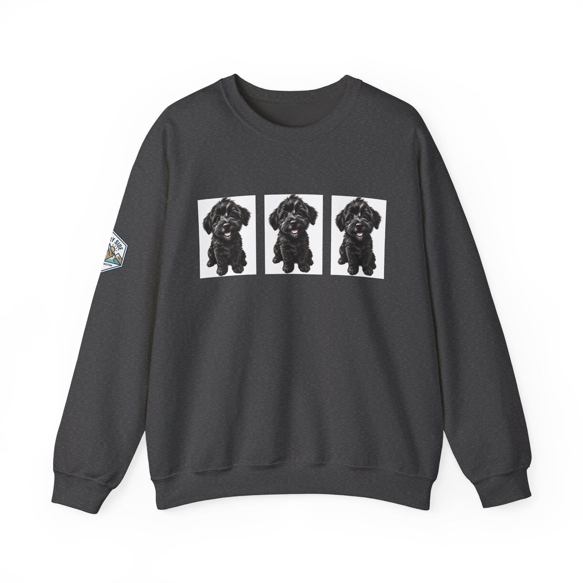 Three Black Schnoodle Puppy Graphic Crewneck Sweatshirt