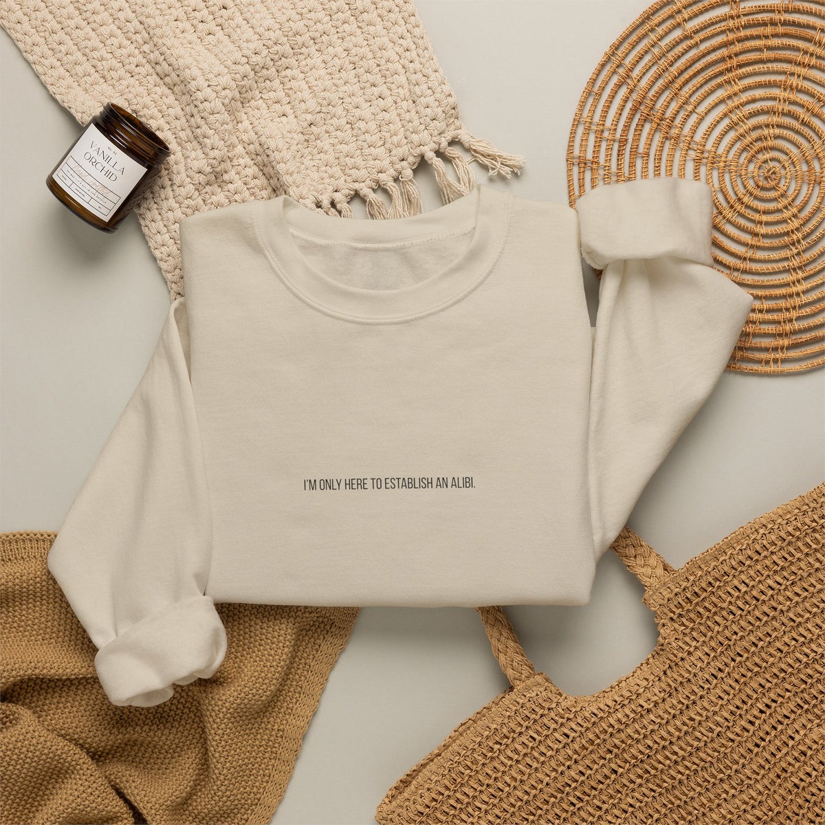 Sweat-shirt col rond minimaliste « Je ne suis ici que pour un alibi »