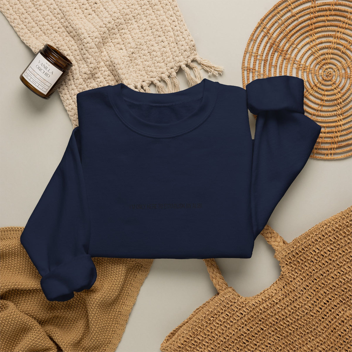 Sweat-shirt col rond minimaliste « Je ne suis ici que pour un alibi »