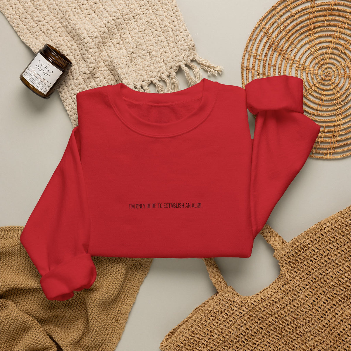 Sweat-shirt col rond minimaliste « Je ne suis ici que pour un alibi »