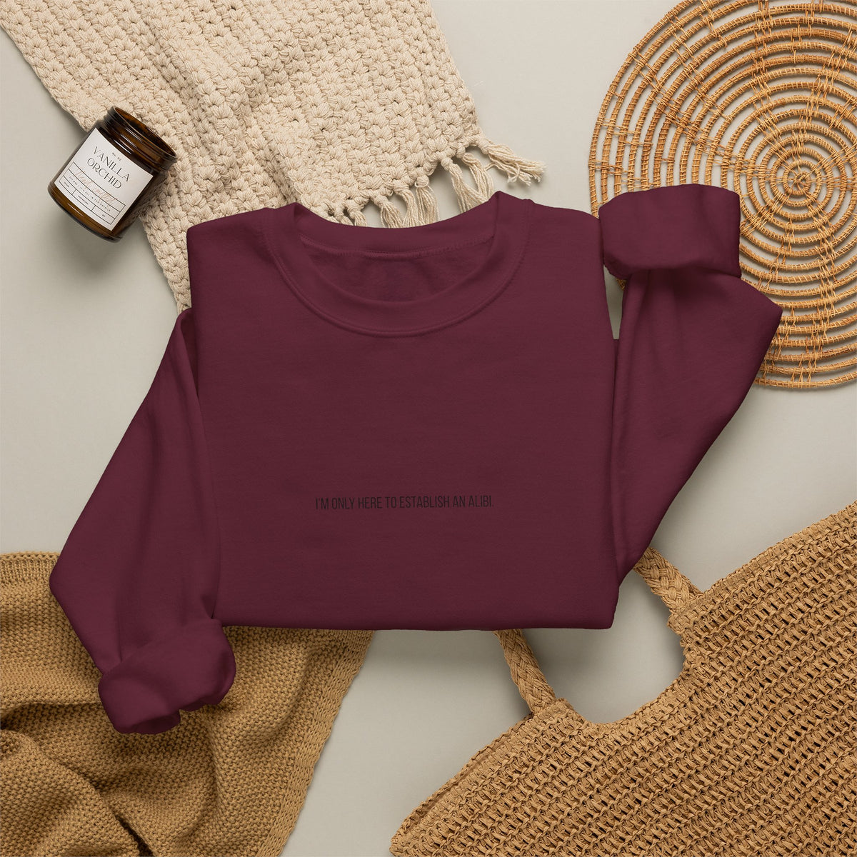 Sweat-shirt col rond minimaliste « Je ne suis ici que pour un alibi »