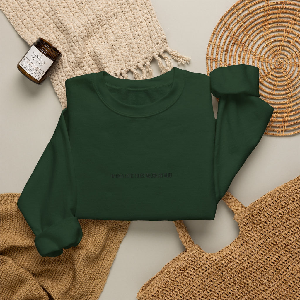 Sweat-shirt col rond minimaliste « Je ne suis ici que pour un alibi »