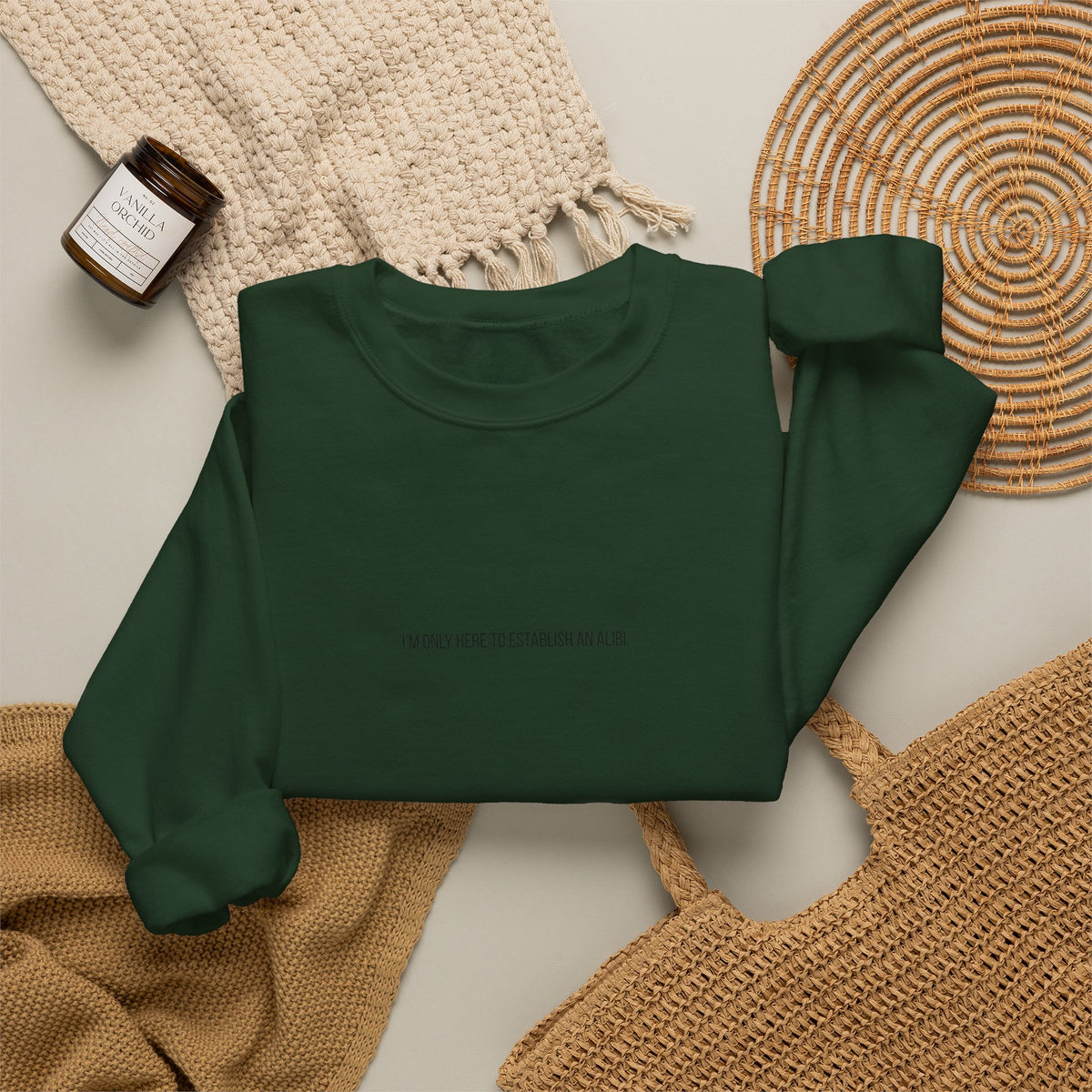 Sweat-shirt col rond minimaliste « Je ne suis ici que pour un alibi »