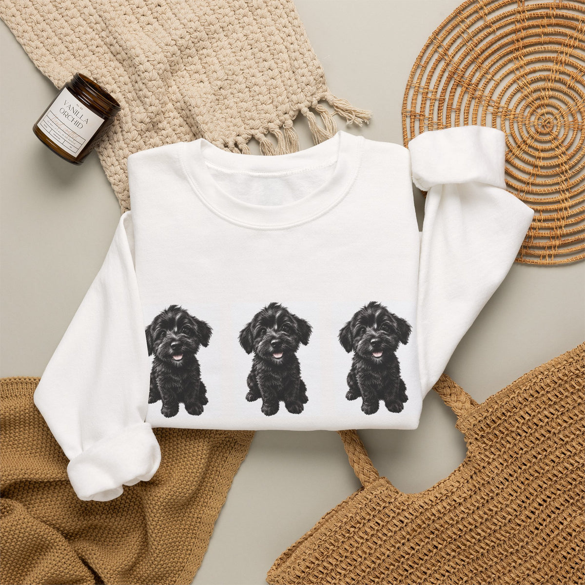 Three Black Schnoodle Puppy Graphic Crewneck Sweatshirt