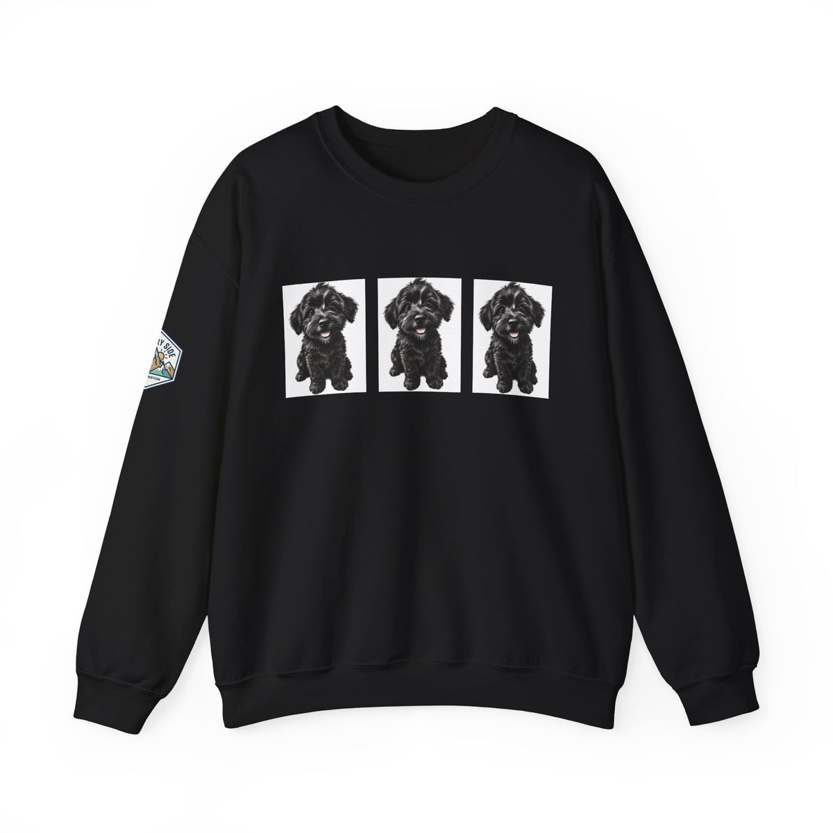 Three Black Schnoodle Puppy Graphic Crewneck Sweatshirt